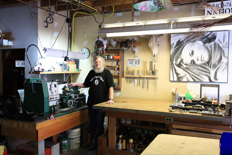 Christiansen at his lathe in his Maplewood, WI, machine shop. Christiansen at his lathe in his Maplewood, WI, machine shop.